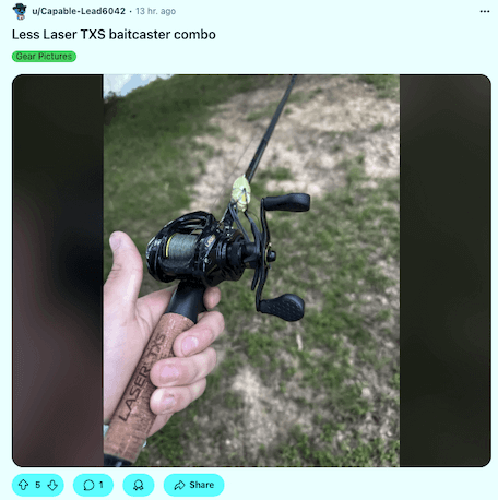 User holds a new fishing rod combo and categorizes the post with a Gear Pictures flair in green. 
