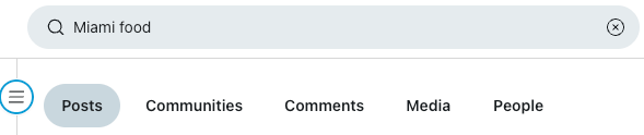 Search for "Miami food" with filters for posts, comments and communities