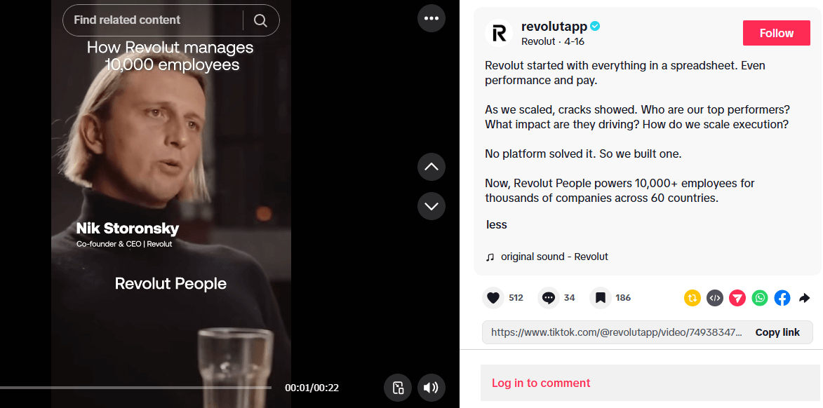 A TikTok post by revolutapp featuring an interview with their CEO Nik Storonsky
