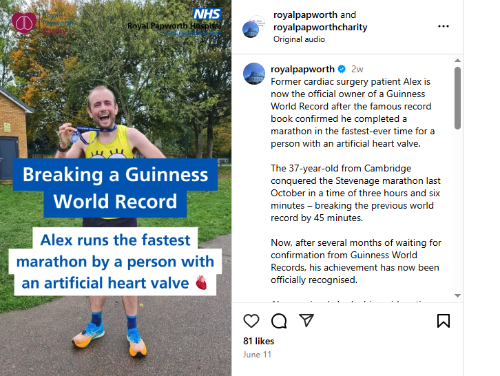 An Instagram post by Royal Papworth Hospital designed to share a patient success story 