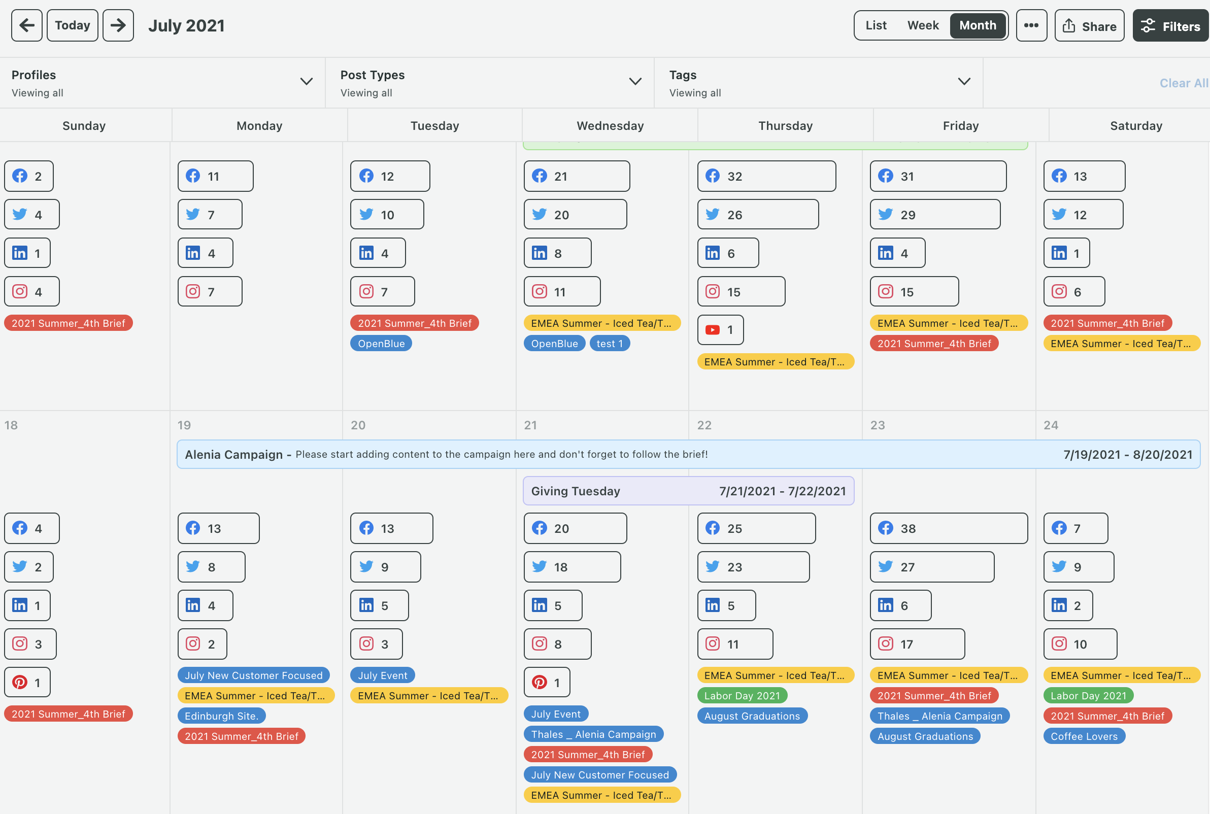 You can use tags alongside Sprout’s scheduling tool to quickly view upcoming posts for specific campaigns.