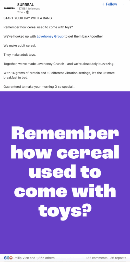 A LinkedIn carousel from Surreal Cereal announcing their partnership with an adult toy brand. The first page says: Remember how cereal used to come with toys?