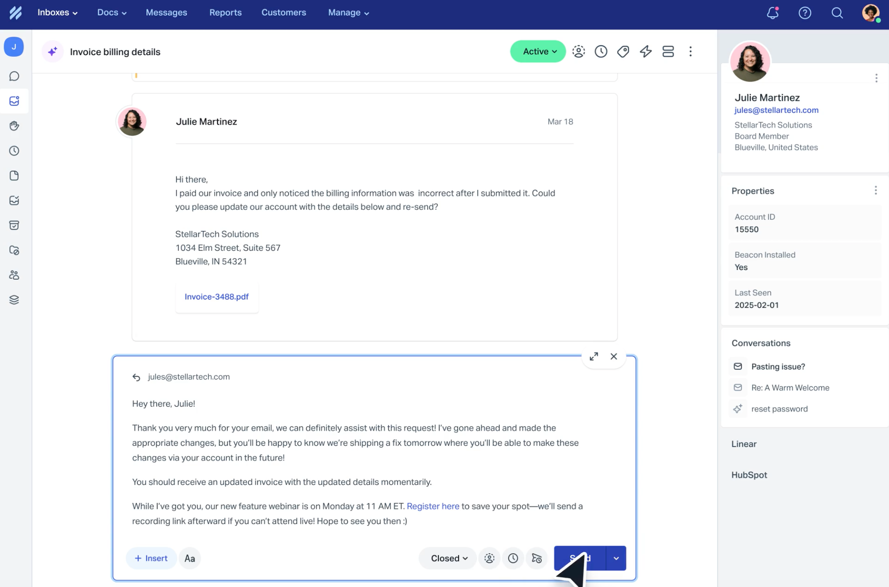 Screenshot of a support conversation in Help Scout