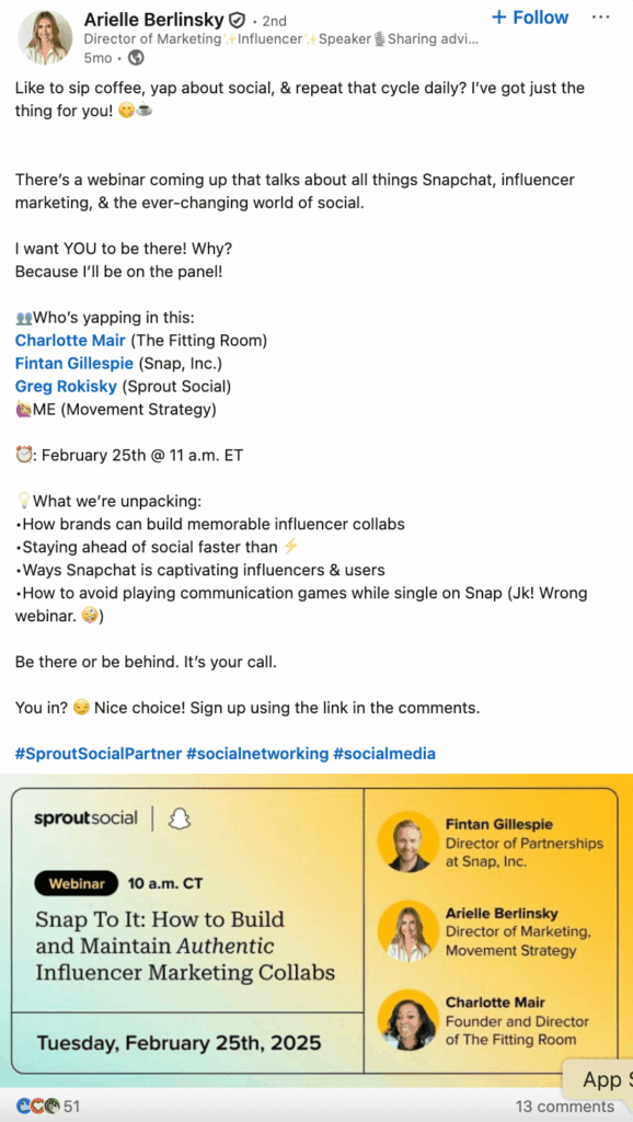LnkedIn post from Sprout partner Arielle Berlinsky, Director of Marketing at Movement Strategy, prompting a Sprout webinar