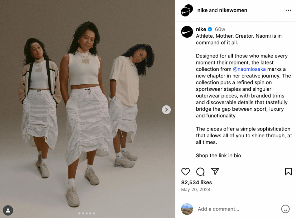 An Instagram post by Nike showcasing their collaboration with sports star Naomi Osaka.