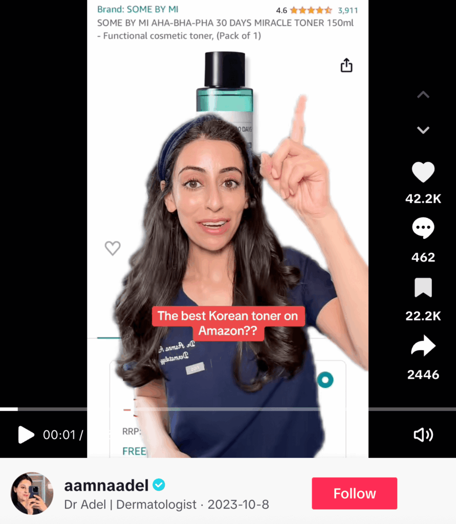 A TikTok by Dr. Adel where she promotes Korean Some by Mi by reviewing it and providing her opinion