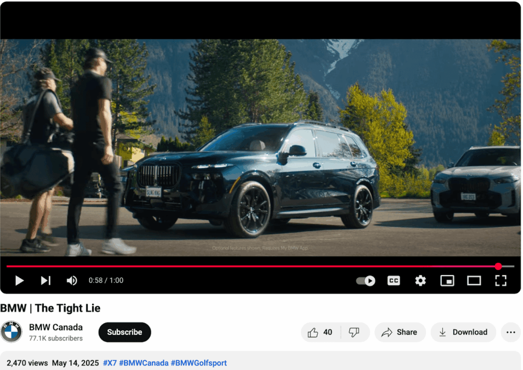 A YouTube video by BMW Canada where they collaborate with pro golfer Mac Boucher in a post driven by creative storytelling to promote their car's latest features.