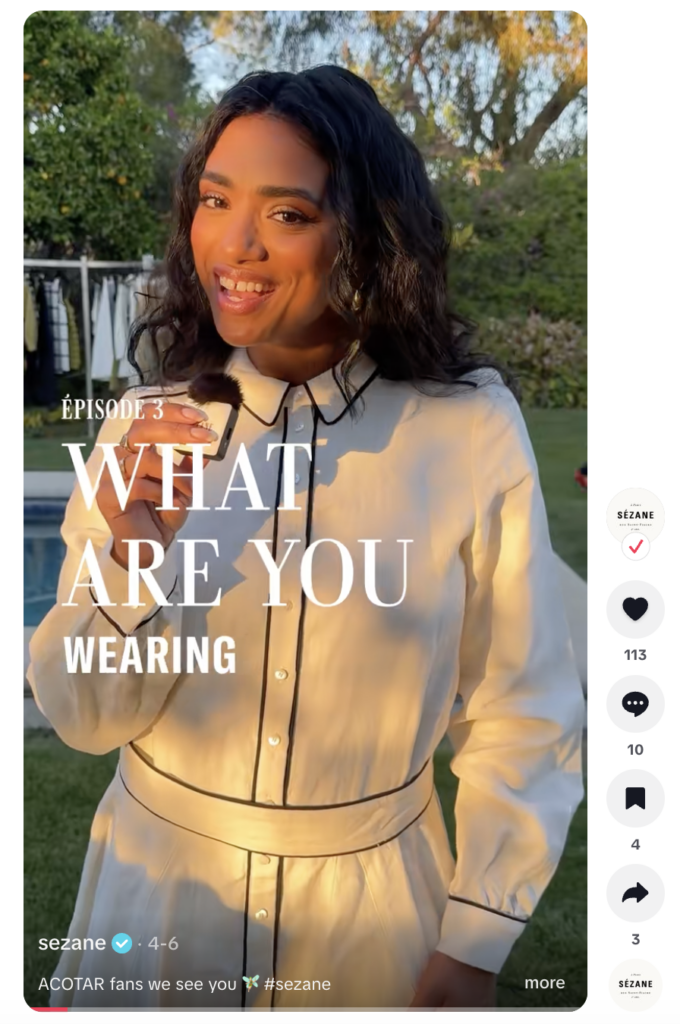 A TikTok from Sézane where they ask Millennial "it girls" what they are reading, watching, wearing and more.