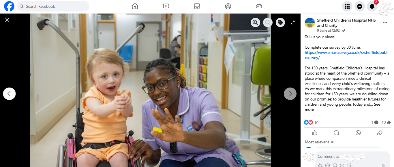 A Facebook post by Sheffield Children’s Hospital where it engages followers and raises money 