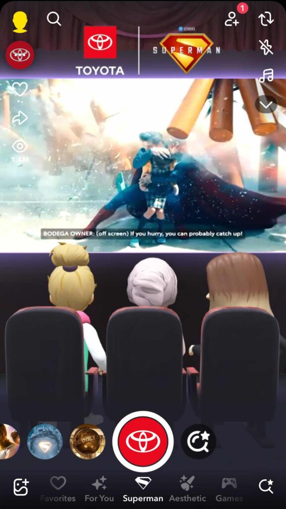 A Snapchat sponsored lens from Toyota and Superman showing Bitmojis watching a movie in a virtual theater.