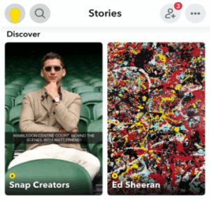 A Snapchat Discover feed showing the layout of Story tiles in the Stories tab.
