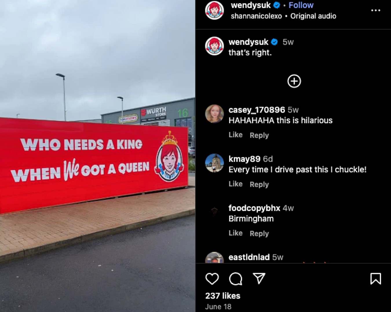A Wendy’s UK Instagram post featuring playful, sarcastic copy and promotional food content