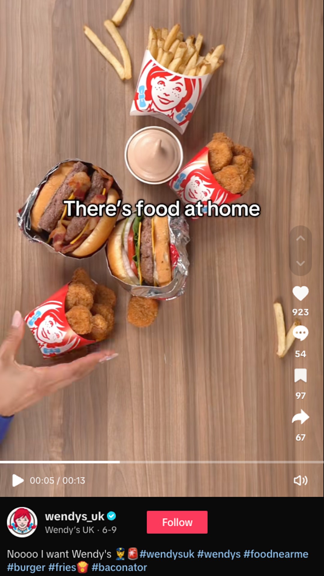 A Wendy’s UK TikTok post featuring playful, sarcastic copy and promotional food content