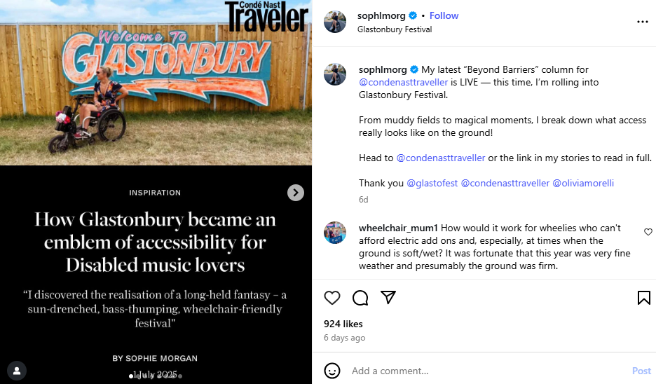 An Instagram post by Sophie Morgan promoting her accessibility column, “Beyond Barriers”, for Conde Nast