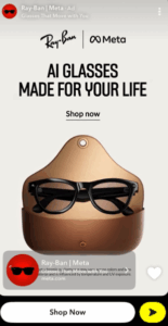 A Sponsored Snap from Ray-Ban and Meta promoting AI glasses, featuring black Ray-Ban smart glasses in a tan case.