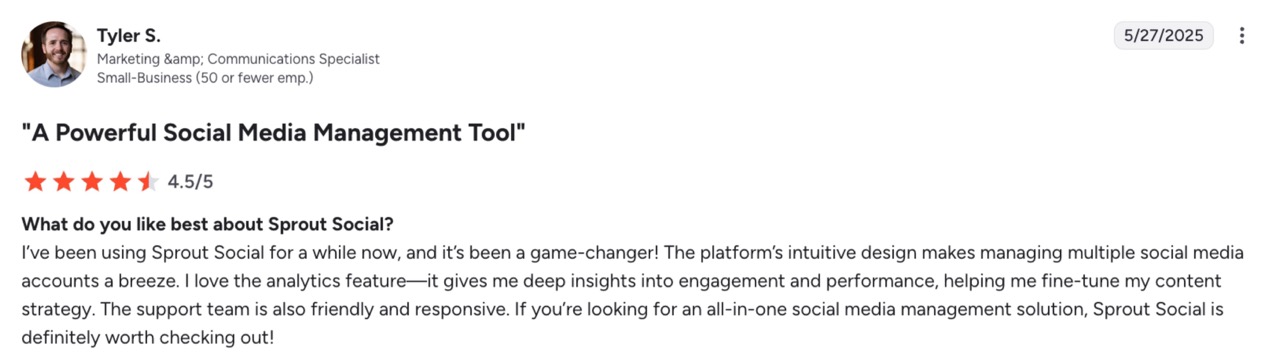 A G2 Review for Sprout Social. In it, user Tyler S. says 
