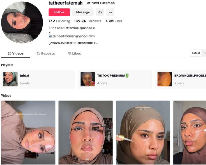 TikTok creator Tat’heer Fatemah’s homepage with a row of thumbnails displaying Tat’heer applying makeup and skincare products