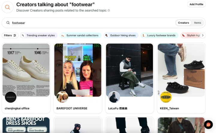Search results on Sprout’s Influencer Marketing platform showing creators posting footwear content.