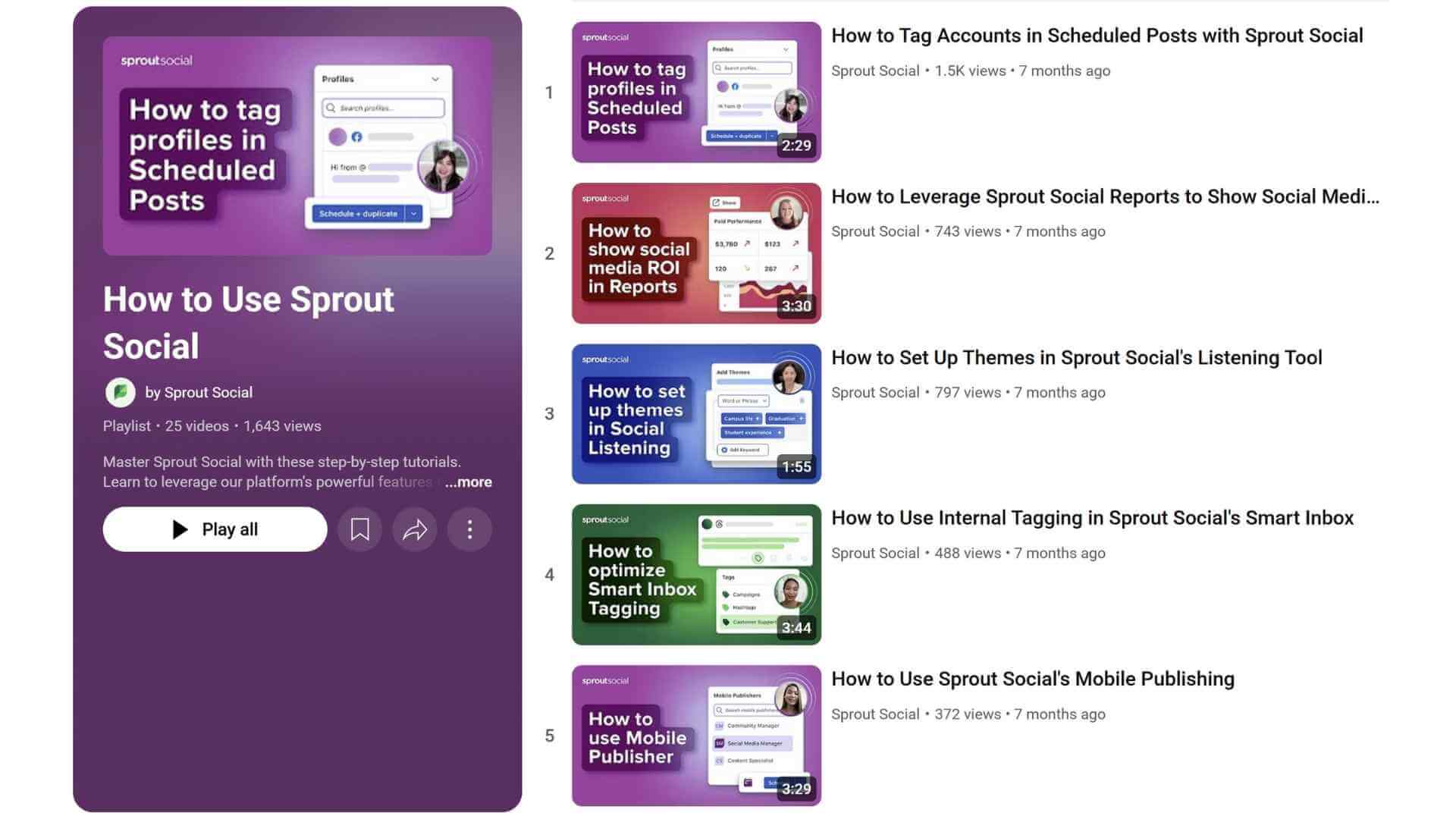 Video thumbnails for a YouTube series titled: How to Use Sprout Social