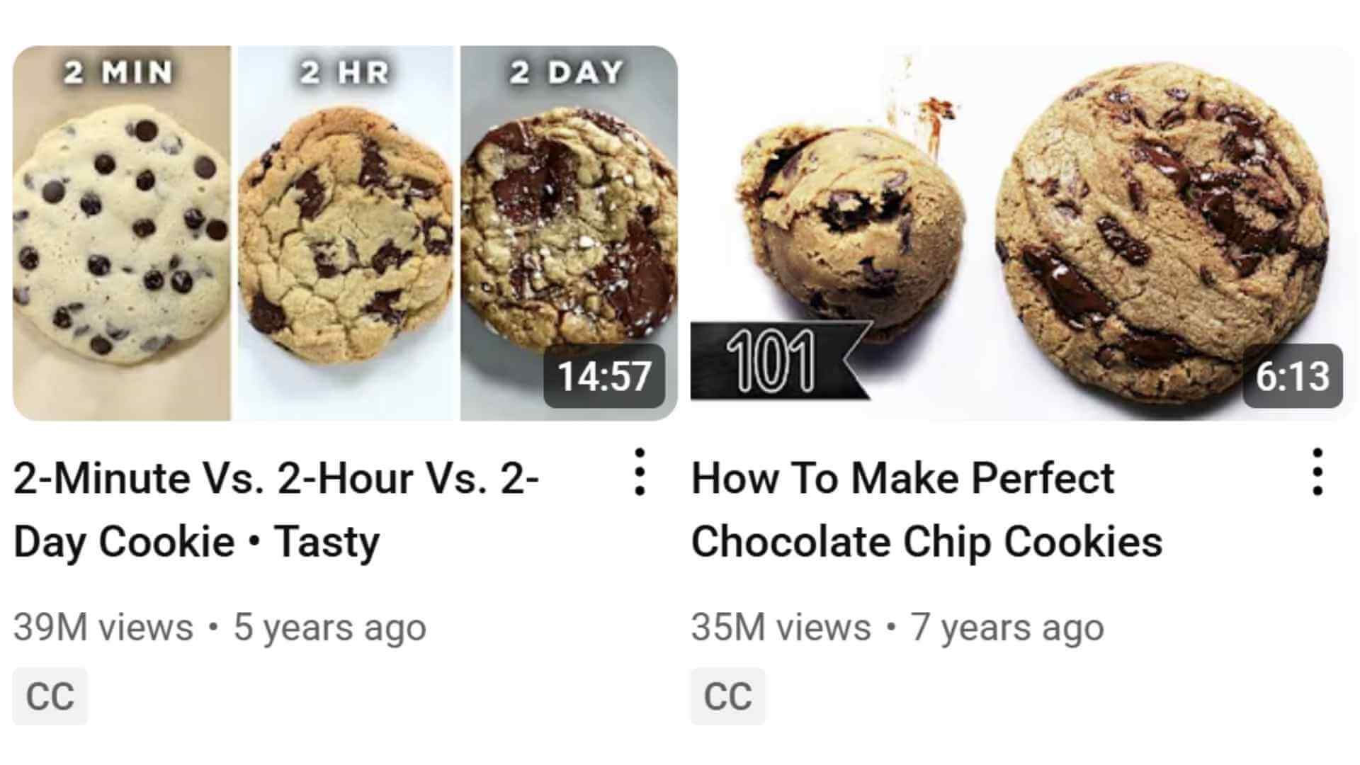 A side-by-side of two video thumbnails and titles from Tasty’s YouTube channel