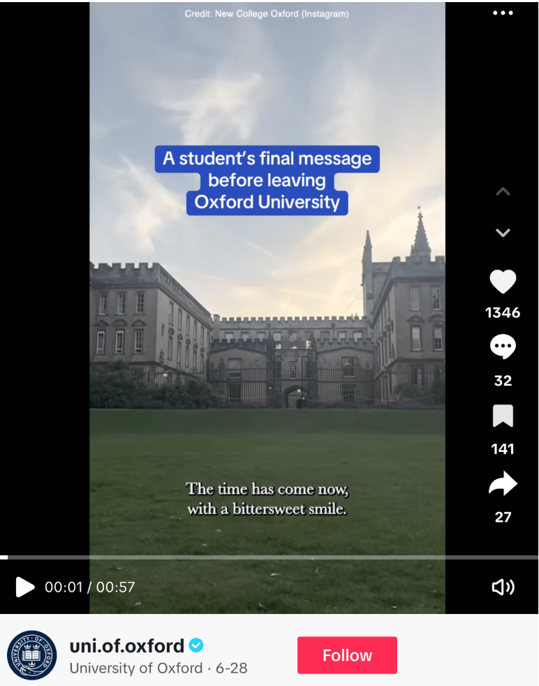 TikTok post from Oxford where a third-year student of history shares a poem reflecting on her final term at Oxford. 