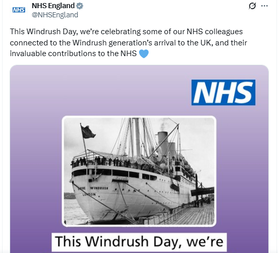 A photo post on X by NHS England made to coincide with the UK’s Windrush Day 