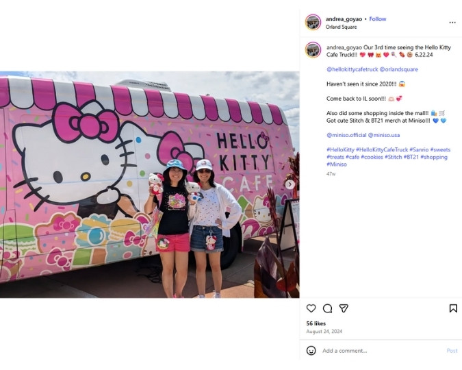 An Instagram post from Andrea Goyao at Sanrio’s Hello Kitty Cafe Truck pop-up 