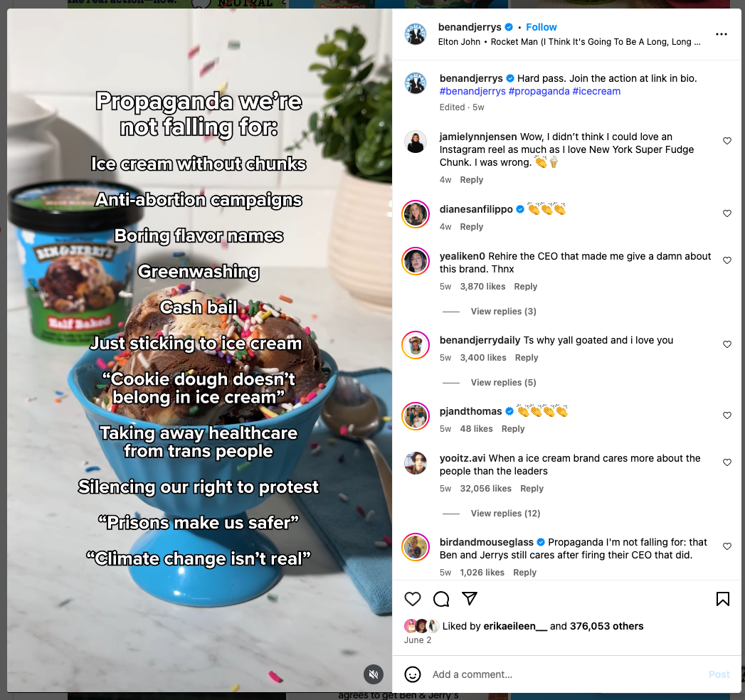 Instagram post from Ben & Jerry’s, using “propaganda we’re not falling for” trend to call out harmful narratives they reject, like anti-abortion campaigns and greenwashing