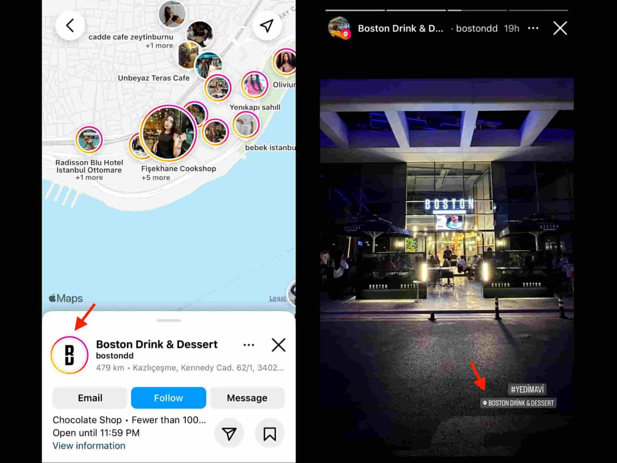 A screenshot shows a location story about Boston Drink & Dessert