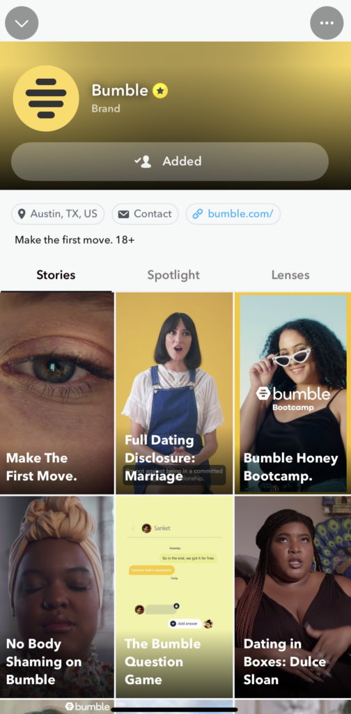 Saved Stories on Bumble’s Snapchat profile.