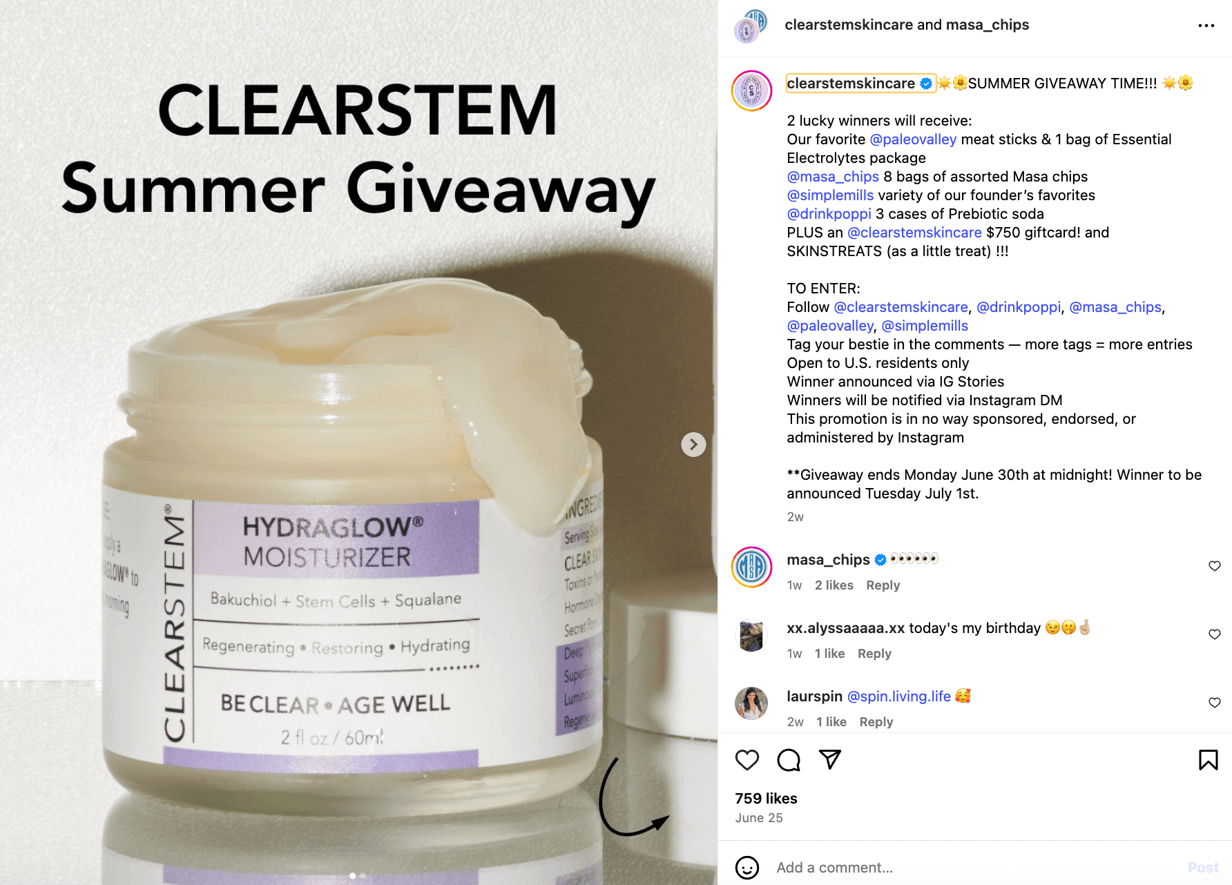 Instagram post from Clearstem Skincare featuring a jar of the brand's moisturizer and text overlay that reads "Clearstem Summer Giveaway" and a caption explaining the rules