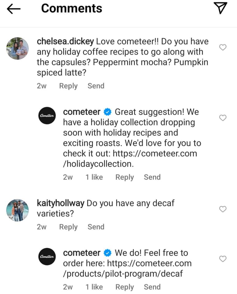 A screenshot shows Cometeer responding to customer queries via Instagram comments