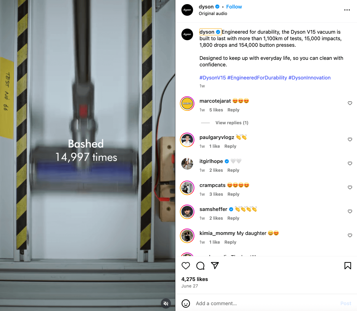 Dyson Instagram post showing one of their vacuum cleaners in action with text that reads "bashed 14,997 times"