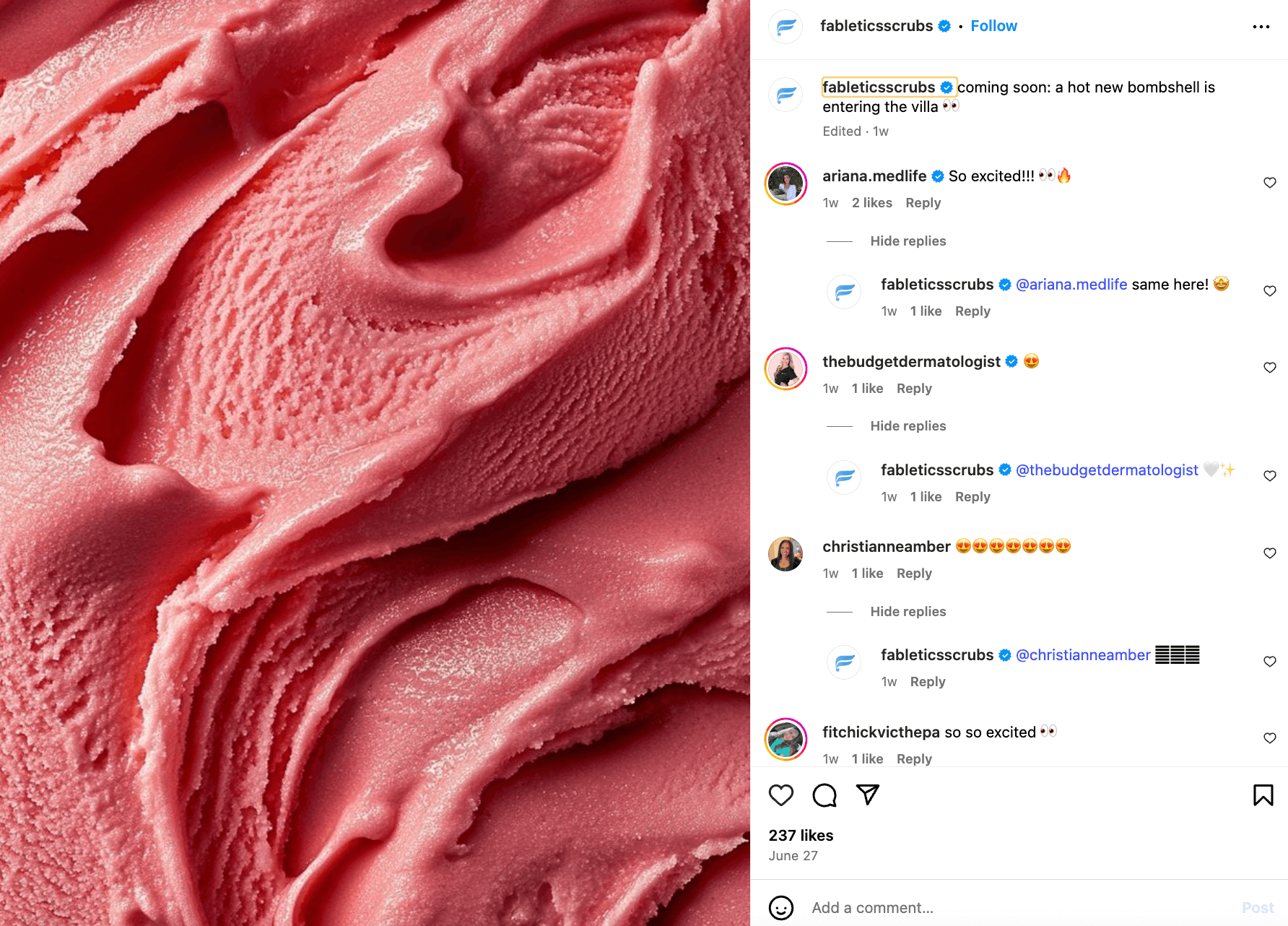 Instagram post from Fabletics Scrubs showing a close-up of a pink gelato and a comment section where the brand responds to excited customers
