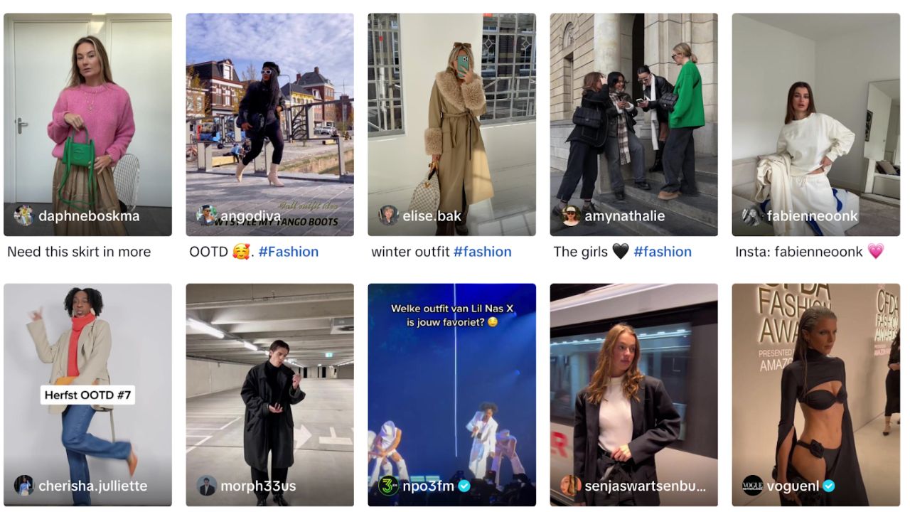 Two rows of thumbnails featuring TikTok fashion creators wearing trendy attire
