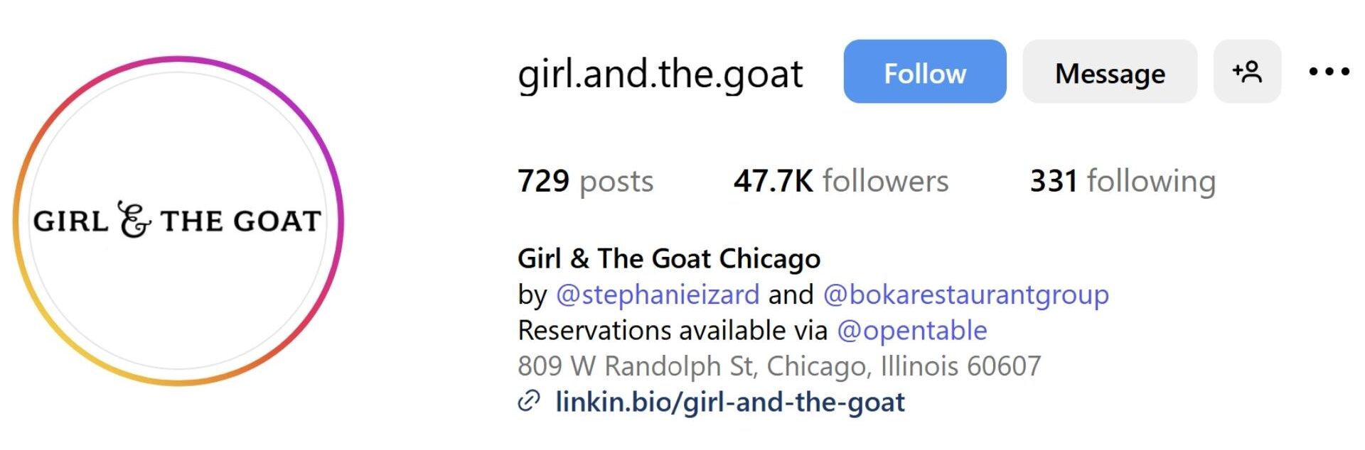 A screenshot shows the Instagram bio for Girl & the Goat, a restaurant brand in Chicago, Illinois