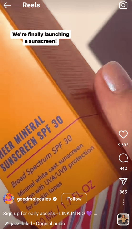 A screenshot of a reel from the company Good Molecules shows a new product announcement