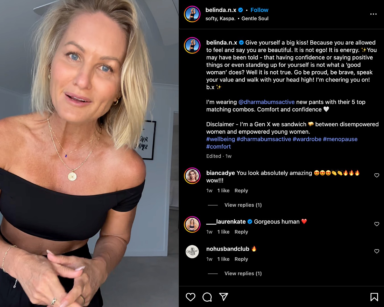 Screenshot of Belinda Norton sharing a Reel on Instagram in collaboration with Dharma Bums Active