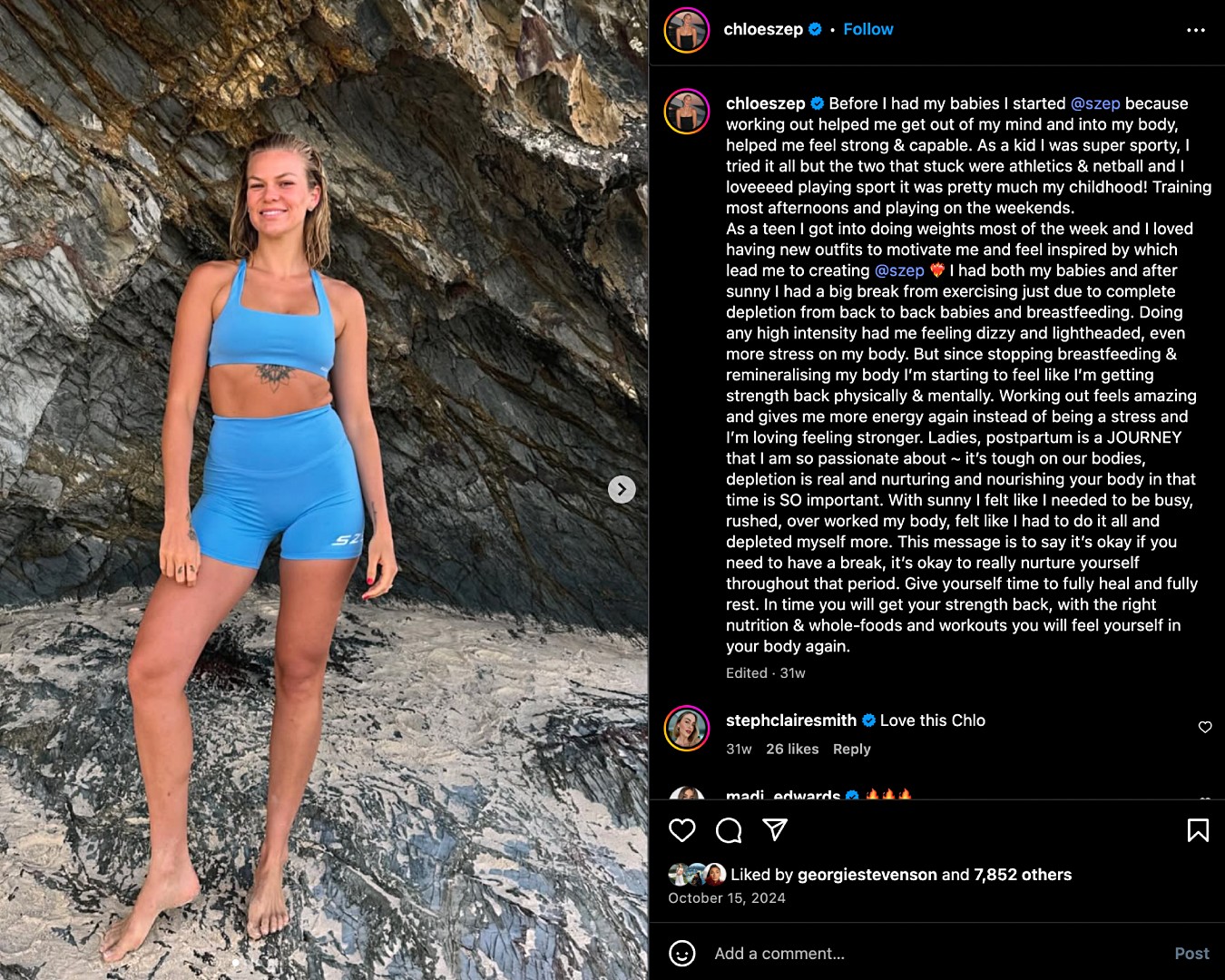 Screenshot of Chloe Szepanowski posing in a blue workout set from her brand, Szep, on Instagram