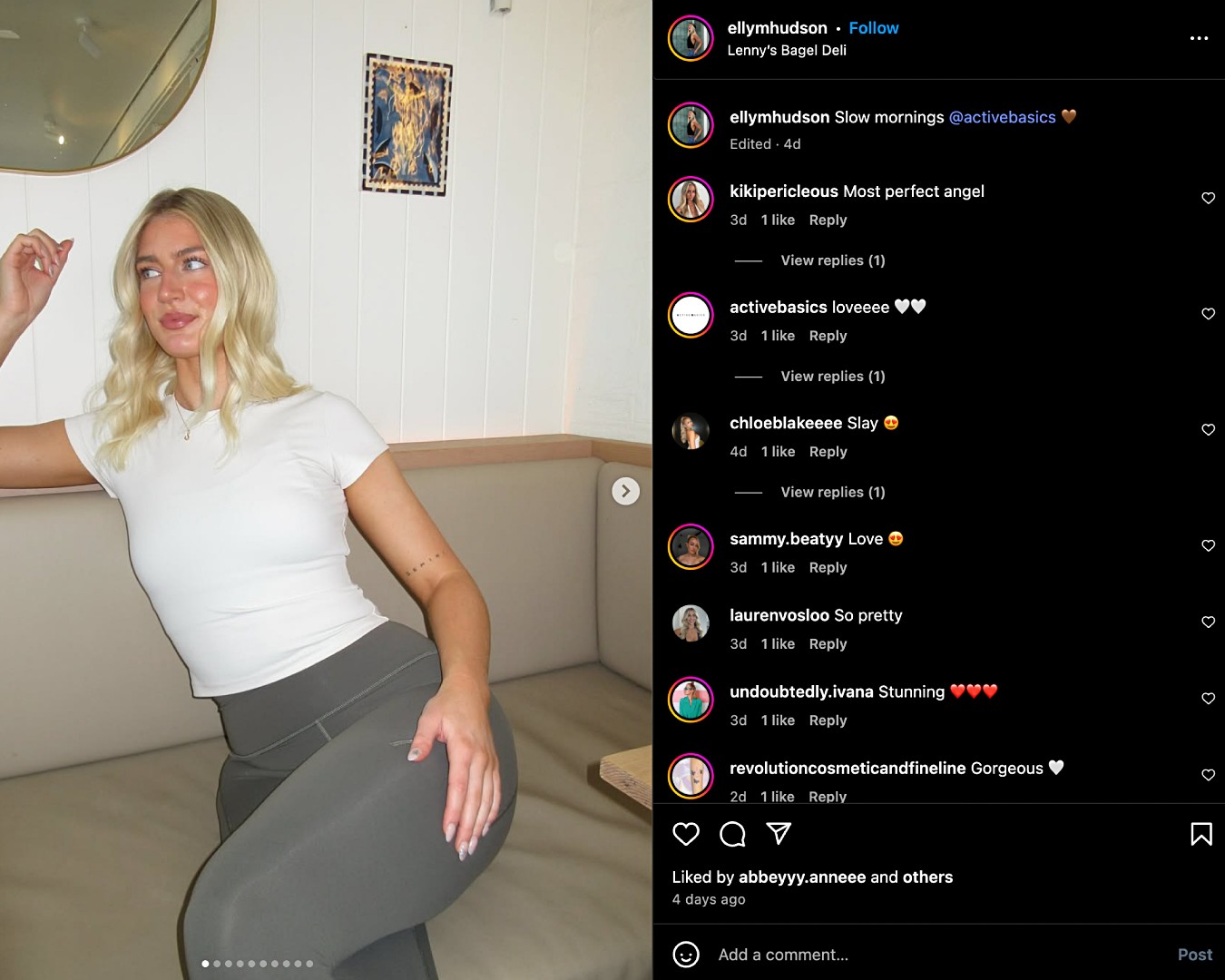 Screenshot of Elly Hudson’s Instagram carousel posing in a workout set from Active Basics