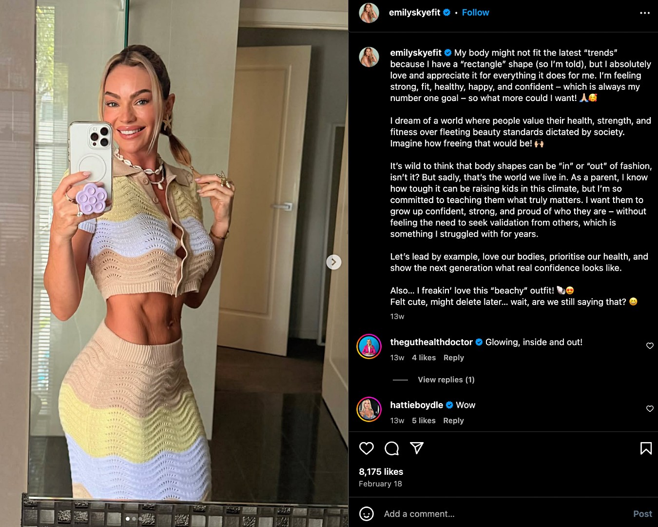 Screenshot of Emily Skye’s mirror selfie wearing a matching pastel set on Instagram