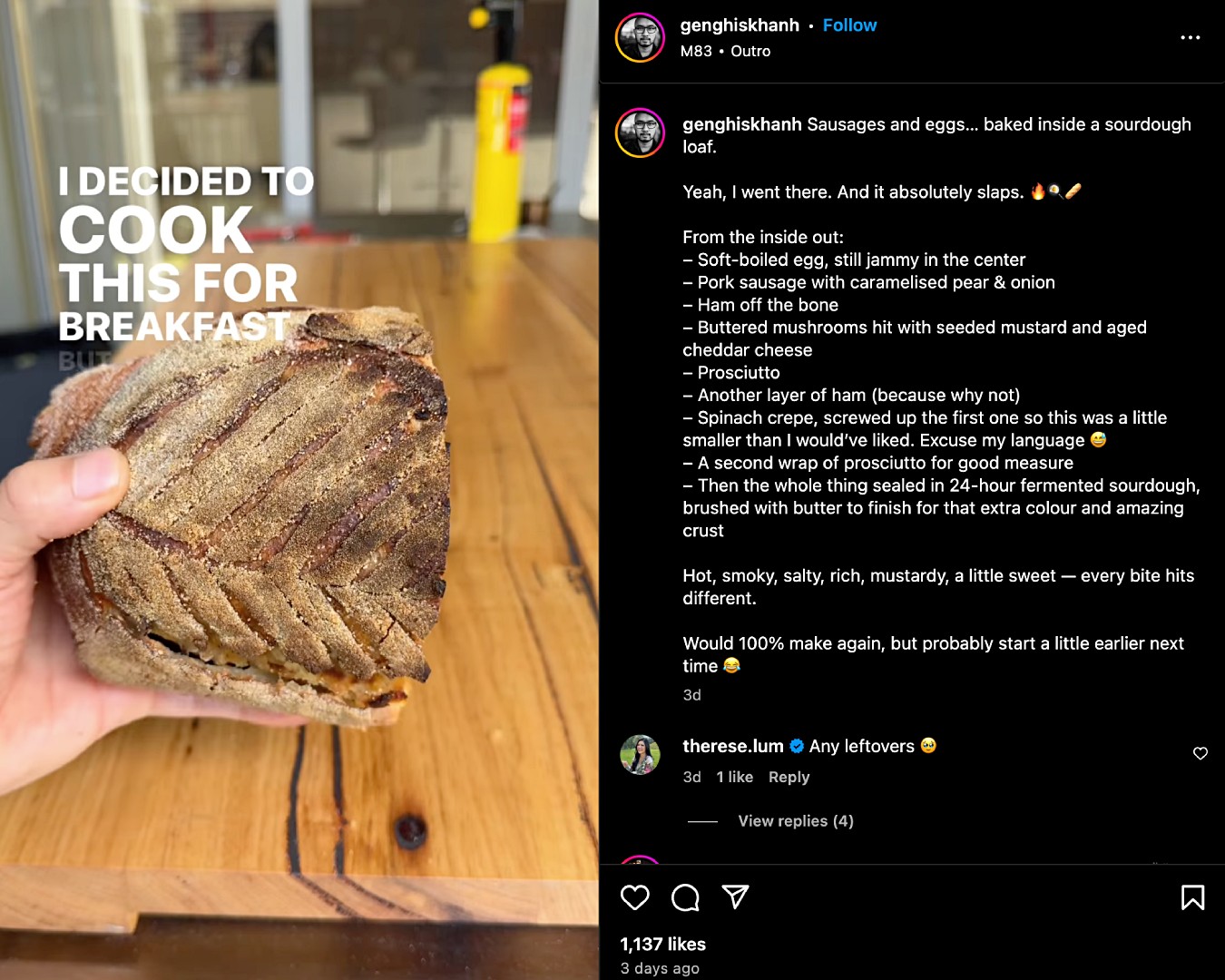 Screenshot of Khanh Nguyen sharing a sourdough recipe Reel on Instagram