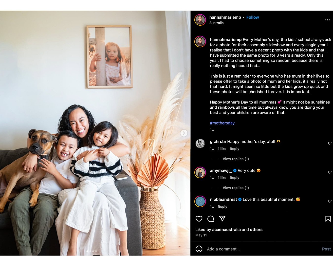 Screenshot of Hannah Marie’s Instagram carousel of photos with her children and dog
