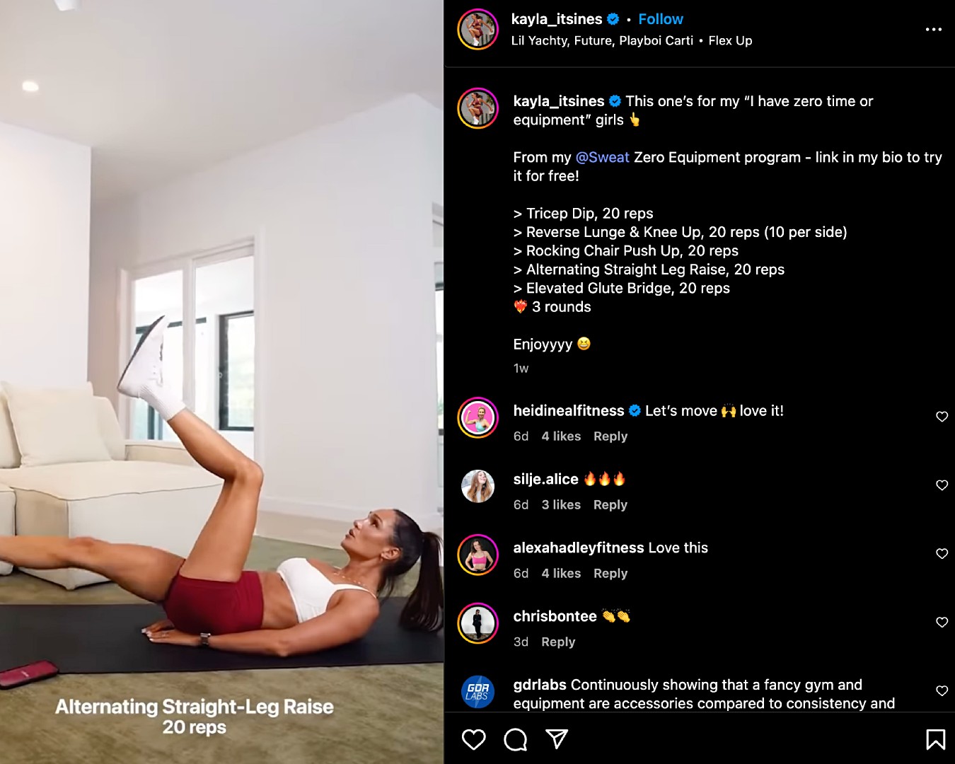 Screenshot of Kayla Itsines workout Reel on Instagram