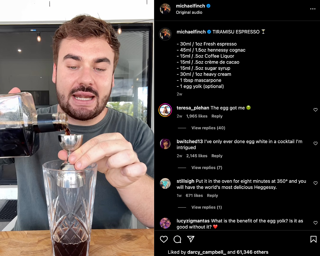 Screenshot of Michael Finch sharing a recipe Reel on Instagram