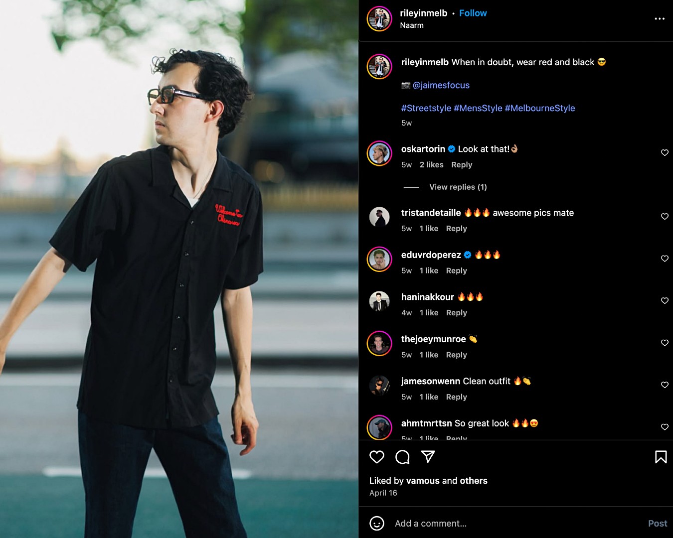 Screenshot of Riley Beven posing on a Melbourne street in an Instagram photo