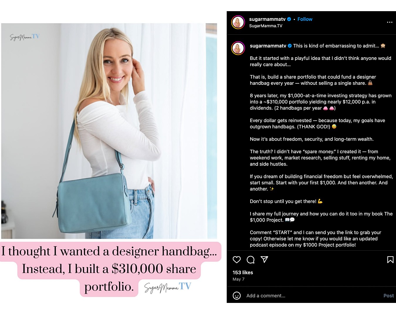 Screenshot of Canna Campbell sharing a photo on Instagram wearing a designer handbag 