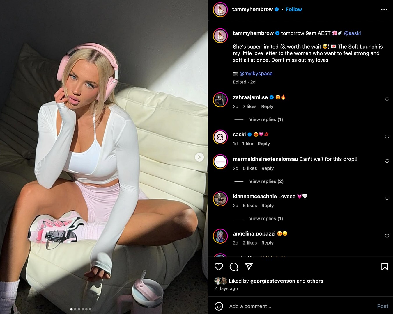 Screenshot of Tammy Hembrow carousel showing her new Saski collection on Instagram 