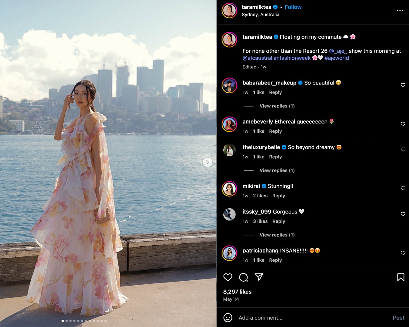 Screenshot of Tara’s image carousel wearing Aje on Instagram