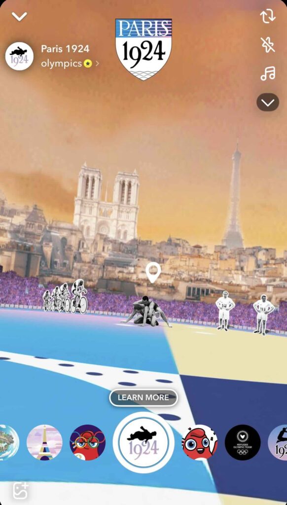 Snapchat AR Lens by the IOC for the 2024 Paris Olympics showing black and white cutouts of athletes in the Yves-du-Manoir stadium.